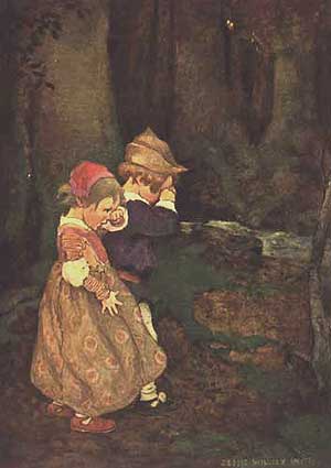 Imagine cu Hansel si Gretel pierduţi în pădure