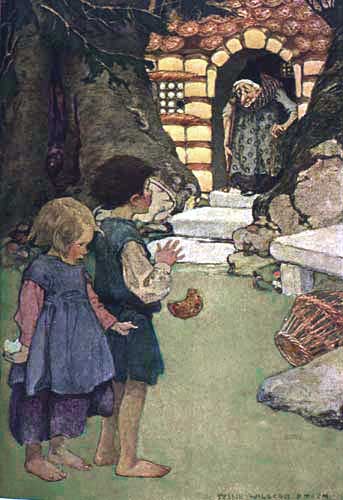 Imagine cu Hansel şi Gretel prinşi de vrăjitoare